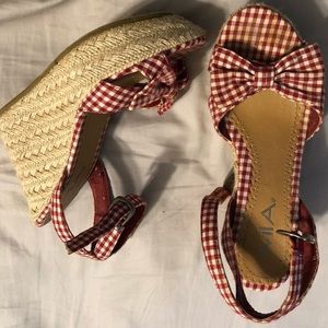 Red and white wedge sandals